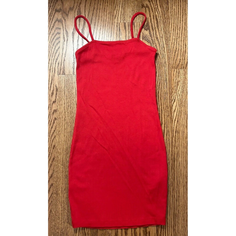 AMISU Red Bodycon Mini Dress Women's Size 6 EU 36 Ribbed Spaghetti Strap Clubwea